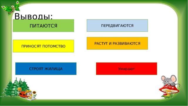 Выводы: ПИТАЮТСЯ ПЕРЕДВИГАЮТСЯ РАСТУТ И РАЗВИВАЮТСЯ ПРИНОСЯТ ПОТОМСТВО СТРОЯТ ЖИЛИЩА Умирают 