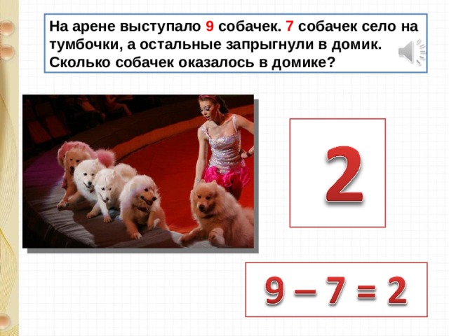 На арене выступало 9 собачек. 7 собачек село на тумбочки, а остальные запрыгнули в домик. Сколько собачек оказалось в домике? 
