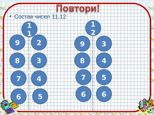 Состав чисел 11,12 12 11 9 2 9 3 8 4 3 8 7 5 4 7 9 6 6 5 6 