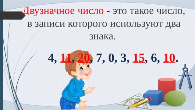 Двузначное  число - это такое число, в записи которого используют два знака. 4, 11 , 20 , 7, 0, 3, 15 , 6, 10 . 