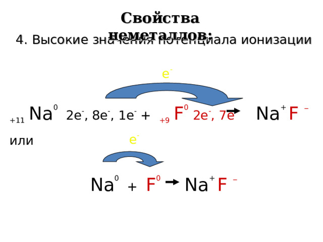 Свойства неметаллов: 4. Высокие значения потенциала ионизации  e - +11  Na 0  2e - , 8e - , 1e - + +9  F 0 2e - , 7e -  Na + F _ или  e - Na 0 + F 0   Na + F _  