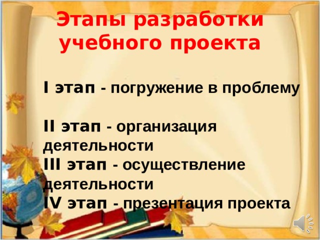 Этапы разработки учебного проекта  I этап - погружение в проблему II этап - организация деятельности III этап - осуществление деятельности IV этап - презентация проекта  