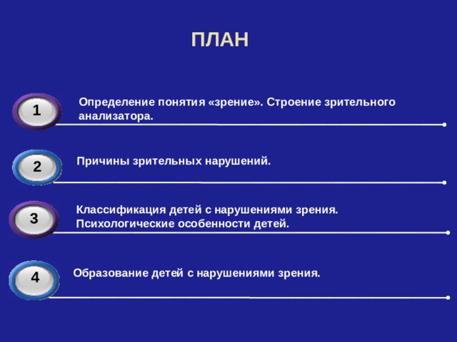 ПЛАН Определение понятия «зрение». Строение зрительного анализатора. 1 3 Причины зрительных нарушений. 2 Классификация детей с нарушениями зрения. Психологические особенности детей.  3 3 Образование детей с нарушениями зрения. 4 