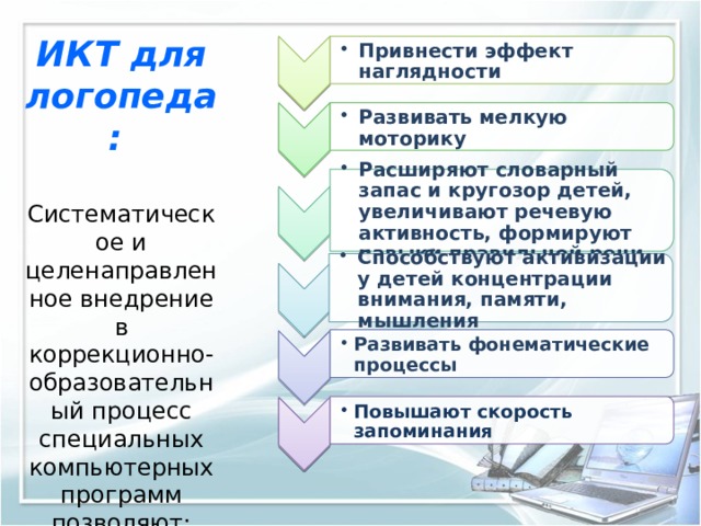 Привнести эффект наглядности Привнести эффект наглядности Развивать мелкую моторику Развивать мелкую моторику Расширяют словарный запас и кругозор детей, увеличивают речевую активность, формируют навыки правильной речи Расширяют словарный запас и кругозор детей, увеличивают речевую активность, формируют навыки правильной речи Способствуют активизации у детей концентрации внимания, памяти, мышления Способствуют активизации у детей концентрации внимания, памяти, мышления Развивать фонематические процессы Развивать фонематические процессы Повышают скорость запоминания Повышают скорость запоминания ИКТ для логопеда:  Систематическое и целенаправленное внедрение в коррекционно-образовательный процесс специальных компьютерных программ позволяют:  