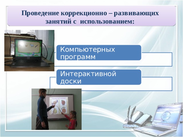 Проведение коррекционно – развивающих занятий с использованием: Компьютерных программ Интерактивной доски 