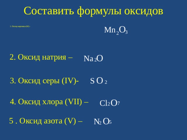 Составить формулы оксидов  3 Mn  O 2  1 . Оксид марганца (III) - 2  2. Оксид натрия – Na  O 2  S  O 3. Оксид серы ( IV)-  7 2  4. Оксид хлора (VII) – Cl  O  5 2  N  O 5 . Оксид азота (V) – 