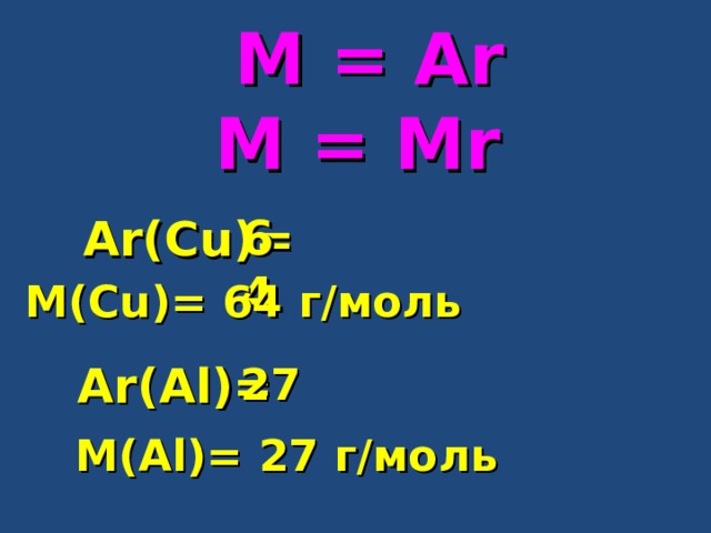  M = Ar  M  =  Mr  64  Ar(Cu)= M(Cu)= 64 г/моль  Ar(Al)= 27  M(Al)= 27 г/моль  