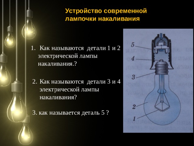 Устройство современной лампочки накаливания  Как называются детали 1 и 2 электрической лампы накаливания.? Как называются детали 3 и 4 электрической лампы накаливания? 3. как называется деталь 5 ?  