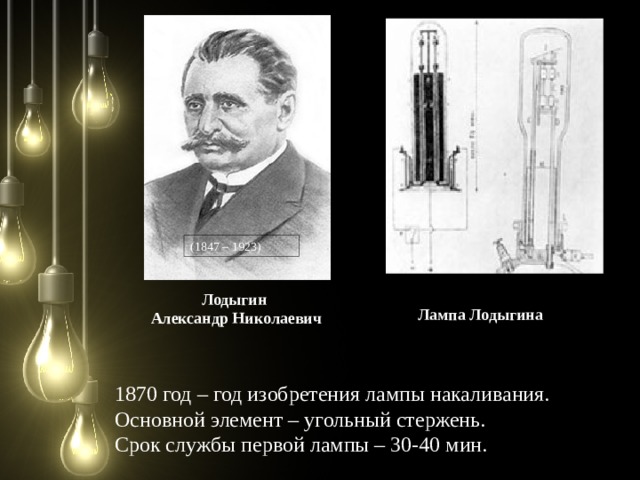 (1847 – 1923) Лодыгин Александр Николаевич Лампа Лодыгина 1870 год – год изобретения лампы накаливания.  Основной элемент – угольный стержень. Срок службы первой лампы – 30-40 мин.  