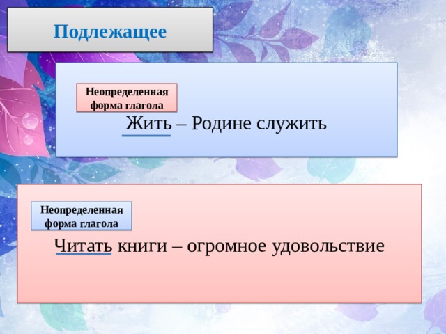 Подлежащее Жить – Родине служить Неопределенная форма глагола Читать книги – огромное удовольствие Неопределенная форма глагола 