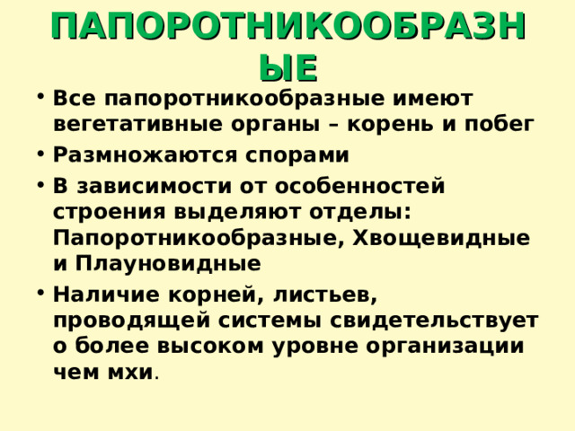 ПАПОРОТНИКООБРАЗНЫЕ Все папоротникообразные имеют вегетативные органы – корень и побег Размножаются спорами В зависимости от особенностей строения выделяют отделы: Папоротникообразные, Хвощевидные и Плауновидные Наличие корней, листьев, проводящей системы свидетельствует о более высоком уровне организации чем мхи . 