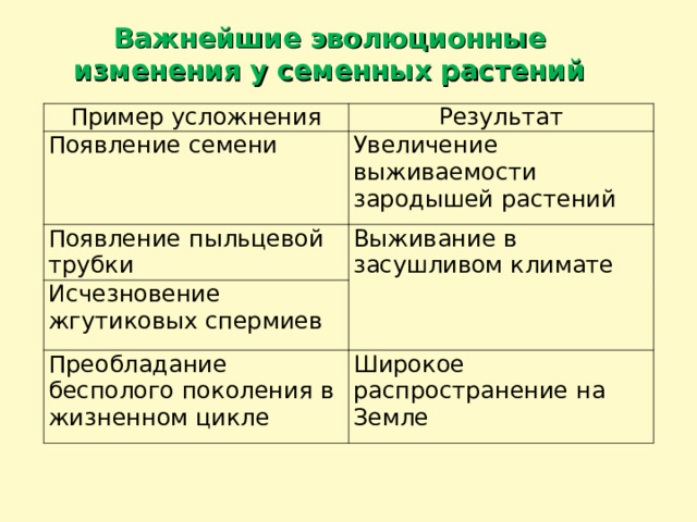 Важнейшие эволюционные изменения у семенных растений  Пример усложнения Результат Появление семени Увеличение выживаемости зародышей растений Появление пыльцевой трубки Выживание в засушливом климате Исчезновение жгутиковых спермиев Преобладание бесполого поколения в жизненном цикле Широкое распространение на Земле 