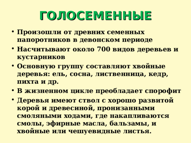 ГОЛОСЕМЕННЫЕ Произошли от древних семенных папоротников в девонском периоде Насчитывают около 700 видов деревьев и кустарников Основную группу составляют хвойные деревья: ель, сосна, лиственница, кедр, пихта и др. В жизненном цикле преобладает спорофит Деревья имеют ствол с хорошо развитой корой и древесиной, пронизанными смоляными ходами, где накапливаются смолы, эфирные масла, бальзамы, и хвойные или чешуевидные листья. 