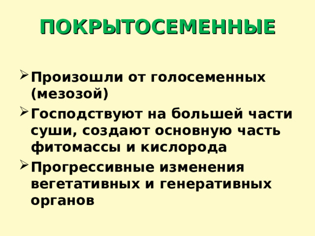 ПОКРЫТОСЕМЕННЫЕ Произошли от голосеменных (мезозой) Господствуют на большей части суши, создают основную часть фитомассы и кислорода Прогрессивные изменения вегетативных и генеративных органов 