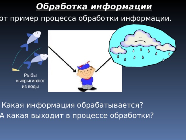 Обработка информации Вот пример процесса обработки информации. Рыбы выпрыгивают из воды Какая информация обрабатывается? А какая выходит в процессе обработки? 