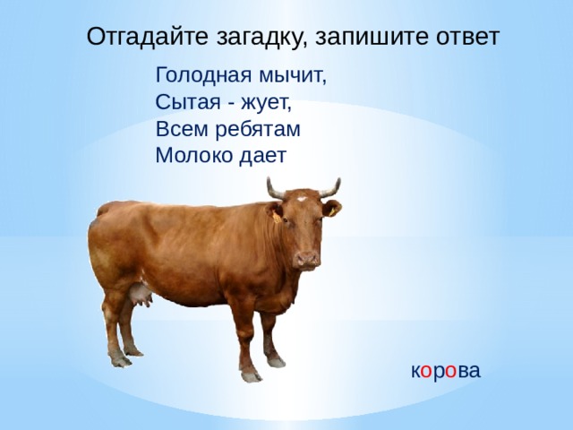 Отгадайте загадку, запишите ответ Голодная мычит, Сытая - жует, Всем ребятам Молоко дает к о р о ва 