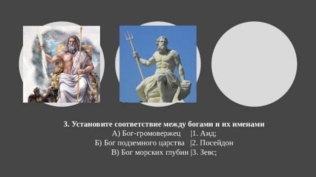 3. Установите соответствие между богами и их именами  А) Бог-громовержец     |1. Аид;  Б) Бог подземного царства   |2. Посейдон  В) Бог морских глубин |3. Зевс;   