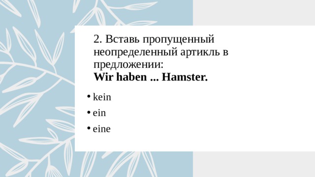 2. Вставь пропущенный неопределенный артикль в предложении:  Wir haben ... Hamster.   kein ein eine  