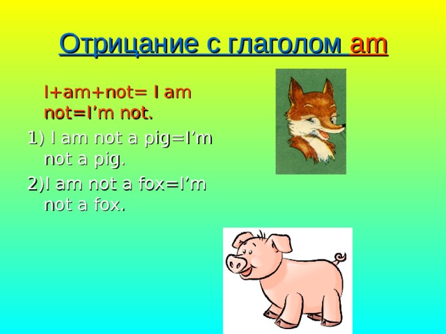 Отрицание с глаголом am  I+am+not= I am not=I’m not. 1) I am not a pig=I’m not a pig. 2 )I am not a fox=I’m not a fox. 