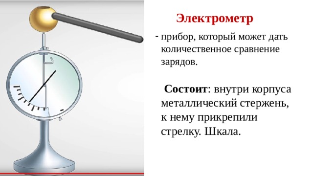Электрометр прибор, который может дать количественное сравнение зарядов.  Состоит : внутри корпуса металлический стержень, к нему прикрепили стрелку. Шкала. 