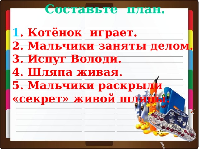 План живая шляпа 2 класс литературное чтение. План произведения Живая шляпа 2 класс.