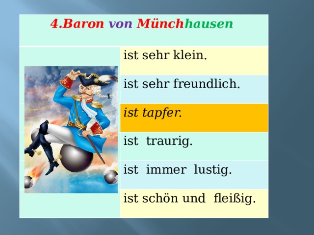 4.Baron von Münch hausen   ist sehr klein. ist sehr freundlich. ist tapfer. ist traurig. ist immer lustig. ist schön und fleißig. 