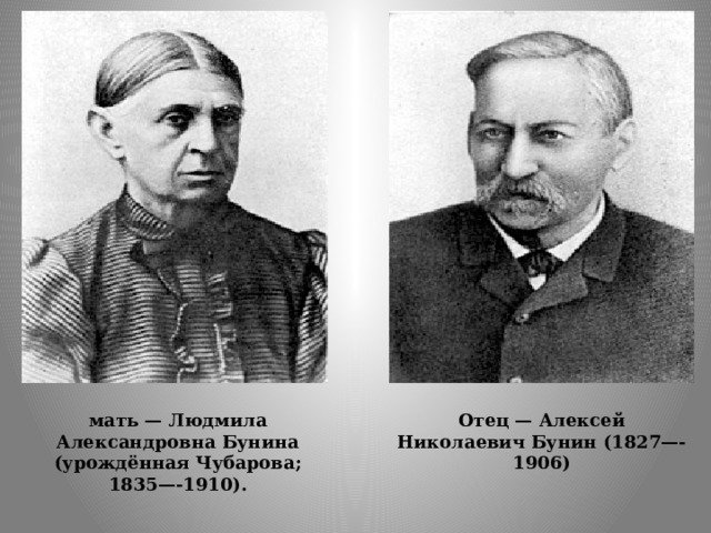Отец — Алексей Николаевич Бунин (1827—-1906) мать — Людмила Александровна Бунина (урождённая Чубарова; 1835—-1910). 