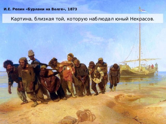 И.Е. Репин «Бурлаки на Волге», 1873 Картина, близкая той, которую наблюдал юный Некрасов. 