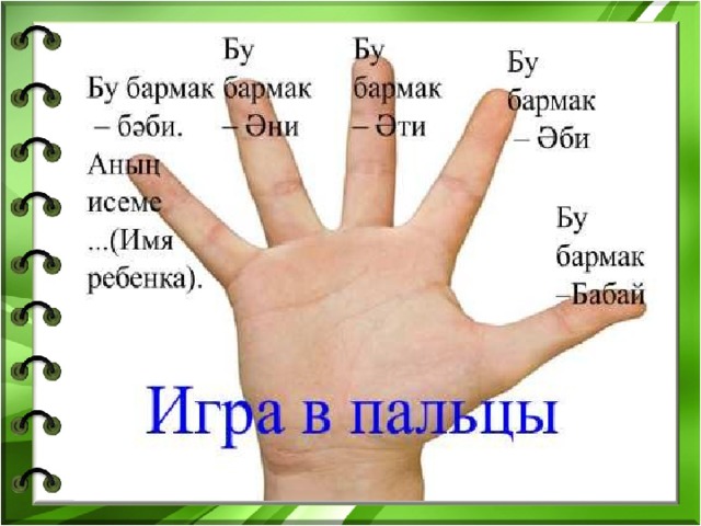Лексика .   * гаилә семья  * әти   папа  * әни        мама  * абый брат, дядя  * апа сестра, тетя  * сеңел    младшая сестра  * эне      младший брат  * әби (дәү әни)   бабушка  * бабай (дәү әти)   дедушка