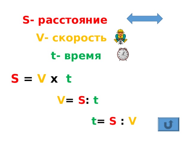 S - расстояние V - скорость t - время S = V х  t V = S :  t t = S :  V 