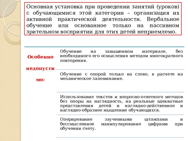 Основная установка при проведении занятий (уроков) с обучающимися этой категории – организация их активной практической деятельности. Вербальное обучение или основанное только на пассивном зрительном восприятии для этих детей неприемлемо. Особенно недопустимо: Обучение на завышенном материале, без необходимого его осмысления методом многократного повторения. Обучение с опорой только на слово, в расчете на механическое запоминание. Использование текстов и вопросно-ответного методов без опоры на наглядность, на реальные адекватные представления детей и наглядно-действенное и наглядно-образное мышление обучающихся. Оперирование заученными штампами и бессмысленное манипулирование цифрами при обучении счету. 