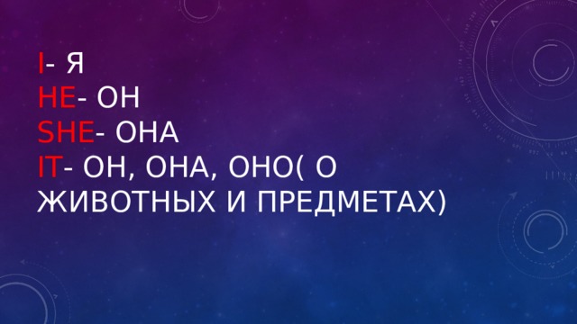 I - я  he - он  she - она  it - он, она, оно( о животных и предметах)   