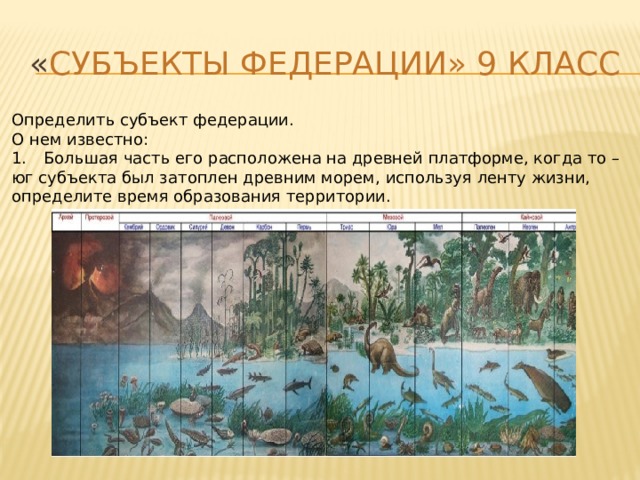 « Субъекты Федерации» 9 класс Определить субъект федерации. О нем известно: 1.  Большая часть его расположена на древней платформе, когда то – юг субъекта был затоплен древним морем, используя ленту жизни, определите время образования территории.