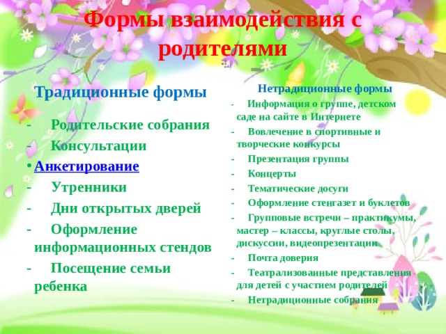 Формы взаимодействия с родителями Нетрадиционные формы Традиционные формы - Информация о группе, детском саде на сайте в Интернете - Вовлечение в спортивные и творческие конкурсы - Родительские собрания - Презентация группы - Консультации - Концерты Анкетирование - Утренники - Тематические досуги - Дни открытых дверей - Оформление стенгазет и буклетов - Оформление информационных стендов - Групповые встречи – практикумы, мастер – классы, круглые столы, дискуссии, видеопрезентации - Посещение семьи ребенка - Почта доверия - Театрализованные представления для детей с участием родителей - Нетрадиционные собрания 