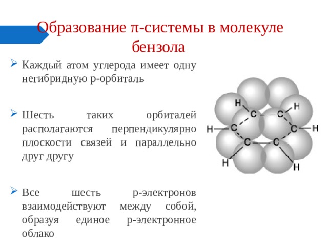 Образование π-системы в молекуле бензола Каждый атом углерода имеет одну негибридную р-орбиталь Шесть таких орбиталей располагаются перпендикулярно плоскости связей и параллельно друг другу Все шесть р-электронов взаимодействуют между собой, образуя единое р-электронное облако 