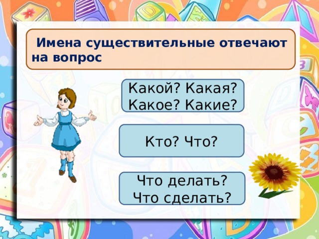  Имена существительные отвечают на вопрос Какой? Какая? Какое? Какие? Кто? Что? Что делать? Что сделать? 