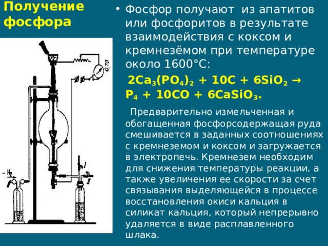 Получение фосфора Фосфор получают из апатитов или фосфоритов в результате взаимодействия с коксом и кремнезёмом при температуре около 1600°С:  2Ca 3 (PO 4 ) 2  + 10C + 6SiO 2  → P 4  + 10CO + 6CaSiO 3 .   Предварительно измельченная и обогащенная фосфорсодержащая руда смешивается в заданных соотношениях с кремнеземом и коксом и загружается в электропечь. Кремнезем необходим для снижения температуры реакции, а также увеличения ее скорости за счет связывания выделяющейся в процессе восстановления окиси кальция в силикат кальция, который непрерывно удаляется в виде расплавленного шлака. 