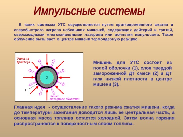В таких системах УТС осуществляется путем кратковременного сжатия и сверхбыстрого нагрева небольших мишеней, содержащих дейтерий и тритий, сверхмощными многоканальными лазерами или ионными импульсами. Такое облучение вызывает в центре мишени термоядерную реакцию. Мишень для УТС состоит из полой оболочки (1), слоя твердой замороженной ДТ смеси (2) и ДТ газа низкой плотности в центре мишени (3). Главная идея - осуществление такого режима сжатия мишени, когда до температуры зажигания доводится лишь ее центральная часть, а основная масса топлива остается холодной. Затем волна горения распространяется к поверхностным слоям топлива. 