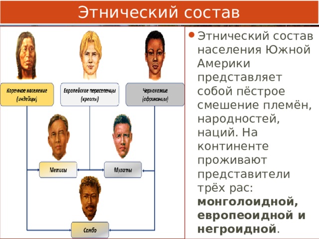 Этнический состав Этнический состав населения Южной Америки представляет собой пёстрое смешение племён, народностей, наций. На континенте проживают представители трёх рас: монголоидной, европеоидной и негроидной . 