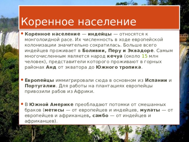 Коренное население Коренное население — индейцы — относятся к монголоидной расе. Их численность в ходе европейской колонизации значительно сократилась. Больше всего индейцев проживает в Боливии, Перу и Эквадоре . Самым многочисленным является народ кечуа (около  15  млн человек), представители которого проживают в горных районах Анд от экватора до Южного тропика .   Европейцы иммигрировали сюда в основном из Испании и Португалии . Для работы на плантациях европейцы привозили рабов из Африки. В Южной Америке преобладают потомки от смешанных браков ( метисы — от европейцев и индейцев, мулаты — от европейцев и африканцев , самбо — от индейцев и африканцев). 