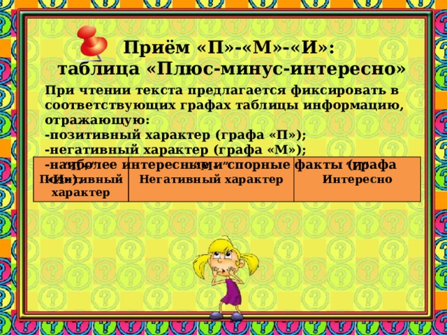 Приём «П»-«М»-«И»: таблица «Плюс-минус-интересно»    При чтении текста предлагается фиксировать в соответствующих графах таблицы информацию, отражающую:  -позитивный характер (графа «П»);   -негативный характер (графа «М»);  -наиболее интересные и спорные факты (графа «И»).   “ П+” Позитивный характер “ М– ” “ И” Негативный характер Интересно  Заметки к слайду Если графа «И» заменяется графой «?», то туда записываются факты, которые вызывают вопросы или требуют дополнительного пояснения учителя.  Например , на уроке истории в 11 классе по теме «Хрущёвская оттепель в политике и культуре» учащимся можно предложить, используя параграф учебника, заполнить таблицу «Плюсы и минусы хрущёвских реформ». Подобная форма организации работы с материалом позволяет провести обсуждение, дискуссию по спорным вопросам. Таблица “ПМИ” используется также и для того, чтобы учащиеся высказали свое отношение к уроку: было ли интересно, что понравилось, а что они считают недостатком в уроке.  
