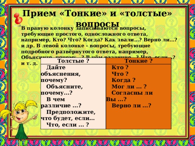 Прием «Тонкие» и «толстые» вопросы В правую колонку записываются вопросы, требующие простого, односложного ответа, например, Кто? Что? Когда? Как звали…? Верно ли…? и др. В левой колонке - вопросы, требующие подробного развёрнутого ответа, например, Объясните, почему…? В чём различие…? Что, если…? и т. д.   Толстые ? Тонкие ?     Дайте объяснения, почему?      Объясните, почему...?     В чем различие ...?      Предположите, что будет, если…     Что, если ... ?     Кто ?     Что ?      Когда ?     Мог ли ... ?     Согласны ли Вы ...?     Верно ли ...? 