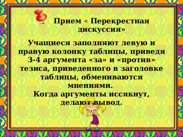 Прием «  Перекрестная дискуссия»    Учащиеся заполняют левую и правую колонку таблицы, приведя 3-4 аргумента «за» и «против» тезиса, приведенного в заголовке таблицы, обмениваются мнениями. Когда аргументы иссякнут, делают вывод.  Заметки к слайду  