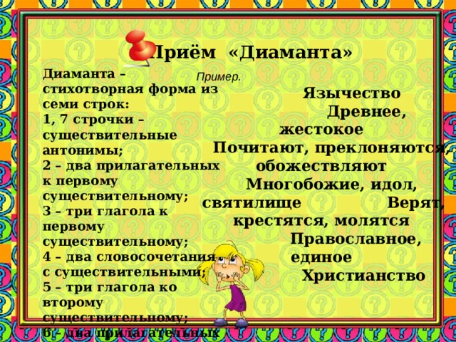 Приём «Диаманта» Диаманта – стихотворная форма из семи строк: 1, 7 строчки – существительные антонимы; 2 – два прилагательных к первому существительному; 3 – три глагола к первому существительному; 4 – два словосочетания с существительными; 5 – три глагола ко второму существительному; 6 – два прилагательных ко второму существительному. Пример.   Язычество  Древнее, жестокое  Почитают, преклоняются, обожествляют  Многобожие, идол, святилище Верят, крестятся, молятся  Православное, единое  Христианство    Заметки к слайду Это может быть абсолютно любая тема («Средневековый город», «Религия Египта», «Олимпийские игры», «Реформы Петра Ι»,  «Куликовская битва» и т.д.). Приём универсален  и позволяет охватить большую часть класса.  