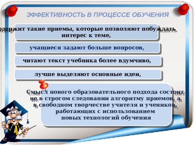 Эффективность в процессе обучения содержит такие приемы, которые позволяют побуждать интерес к теме, учащиеся задают больше вопросов,  читают текст учебника более вдумчиво, лучше выделяют основные идеи, Смысл нового образовательного подхода состоит не в строгом следовании алгоритму приемов, а в свободном творчестве учителя и учеников, работающих с использованием новых технологий обучения 
