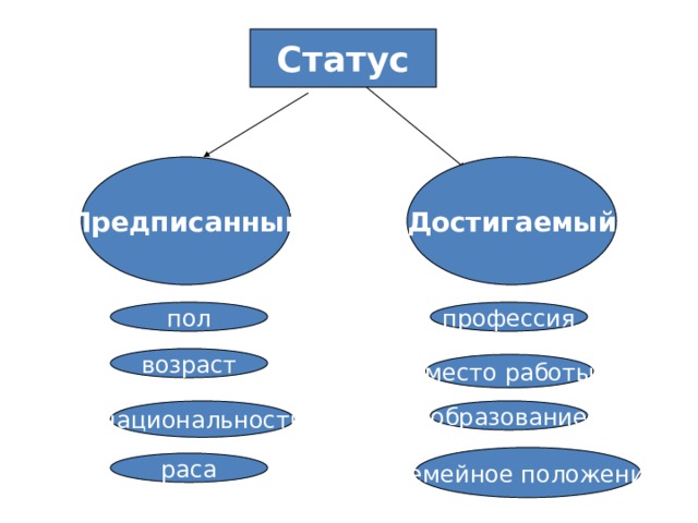 Статус Предписанный Достигаемый пол профессия возраст место работы национальность образование семейное положение раса 