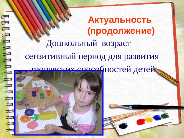 Актуальность  (продолжение) Дошкольный возраст – сензитивный период для развития творческих способностей детей 