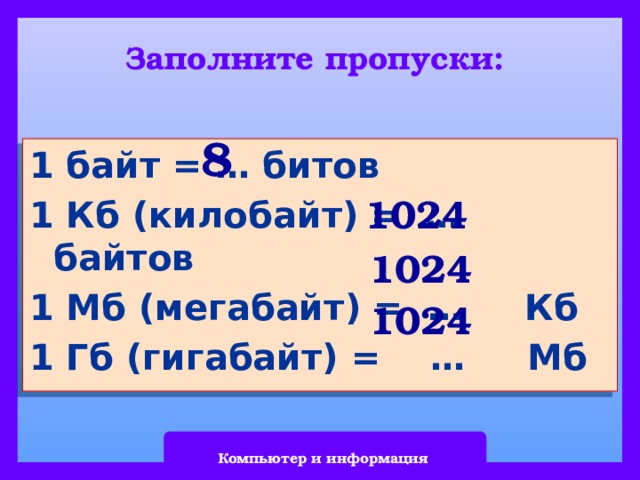 Заполните пропуски: 8 1 байт = … битов 1 Кб (килобайт) = … байтов 1 Мб (мегабайт) = … Кб 1 Гб (гигабайт) = … Мб 1024 1024 1024 Компьютер и информация