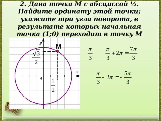 2. Дана точка М с абсциссой ½. Найдите ординату этой точки; укажите три угла поворота, в результате которых начальная точка (1;0) переходит в точку М   М 