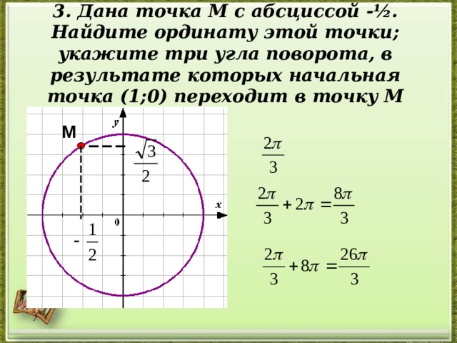 3. Дана точка М с абсциссой - ½. Найдите ординату этой точки; укажите три угла поворота, в результате которых начальная точка (1;0) переходит в точку М   М 